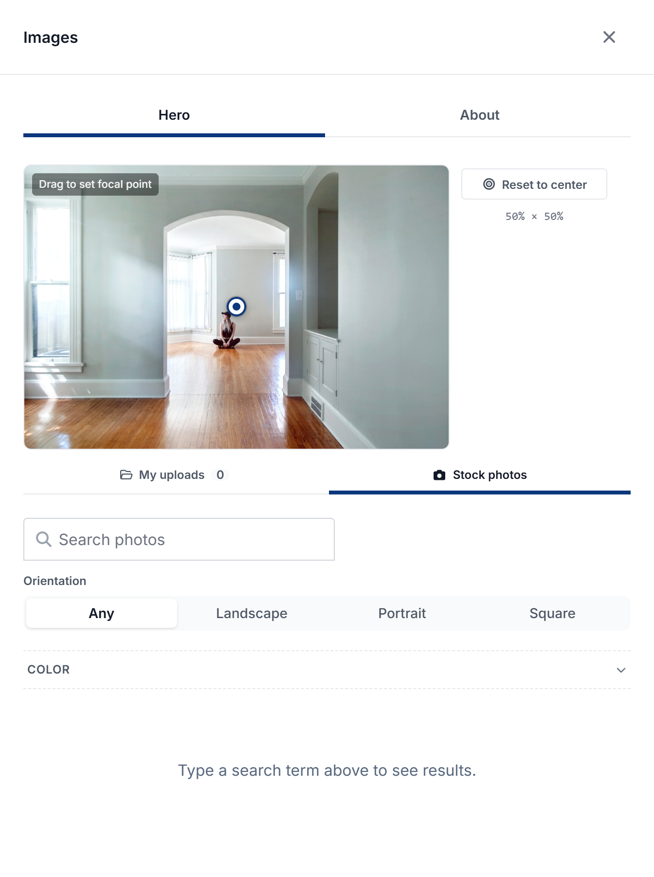 The Images panel with the hero image, focal point hint, and upload and stock photo tabs