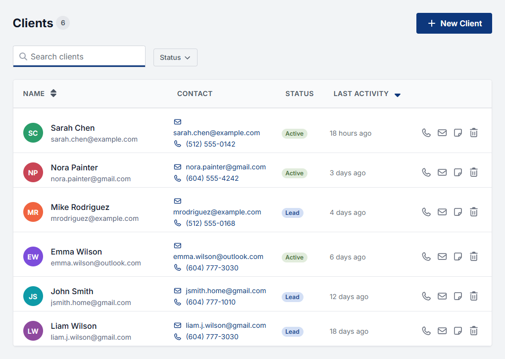 The clients list with names, contact details, status, and source