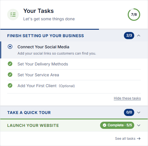 The Your Tasks widget with a progress ring and a short guided setup checklist