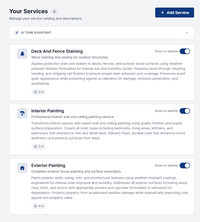 A services catalog where each service has an icon, a name, and a written description